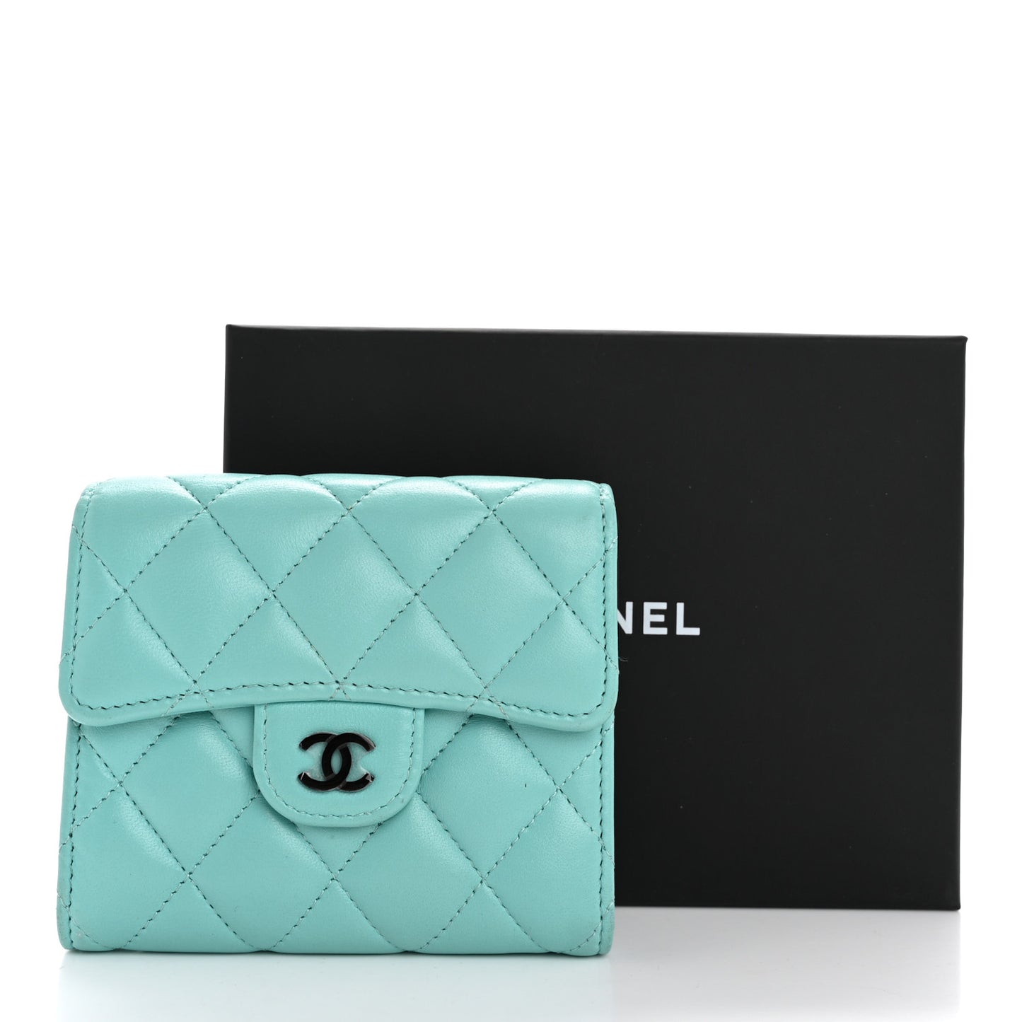 Lambskin Quilted Compact Flap Wallet Turquoise