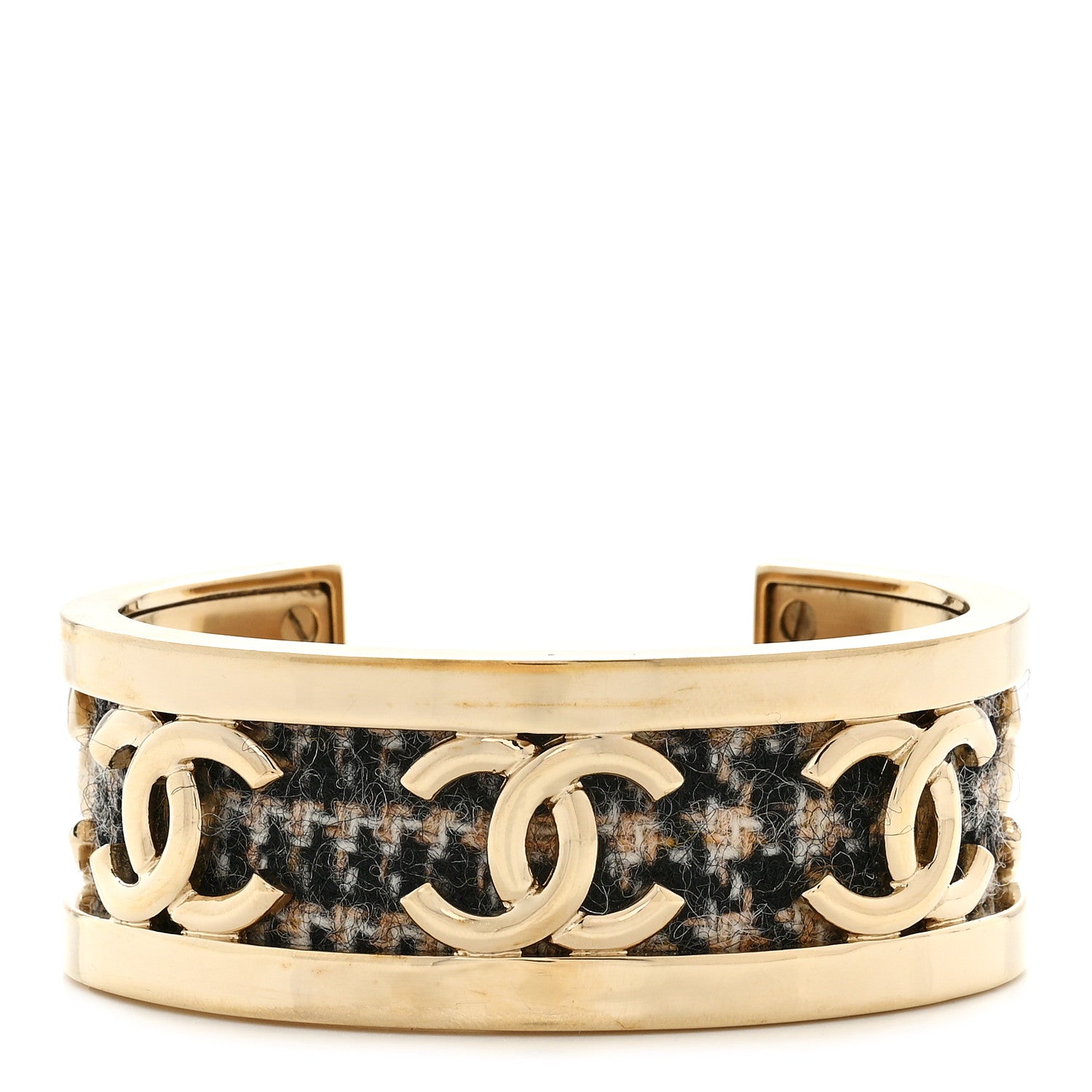 Chanel CC Tweed Cuff Bracelet M Gold Beige Black 1 of 6