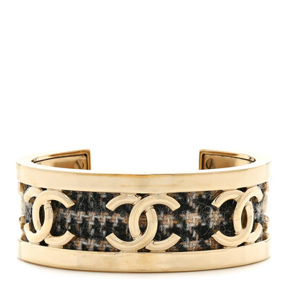 Chanel CC Tweed Cuff Bracelet M Gold Beige Black 1 of 6