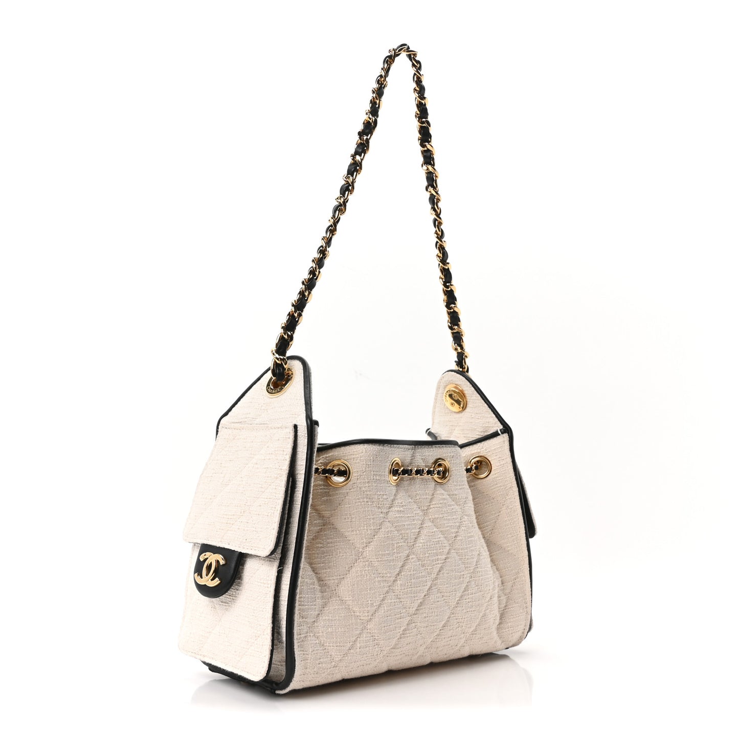 Canvas Calfskin Quilted Mini Chanel 25 Handbag Ecru Black