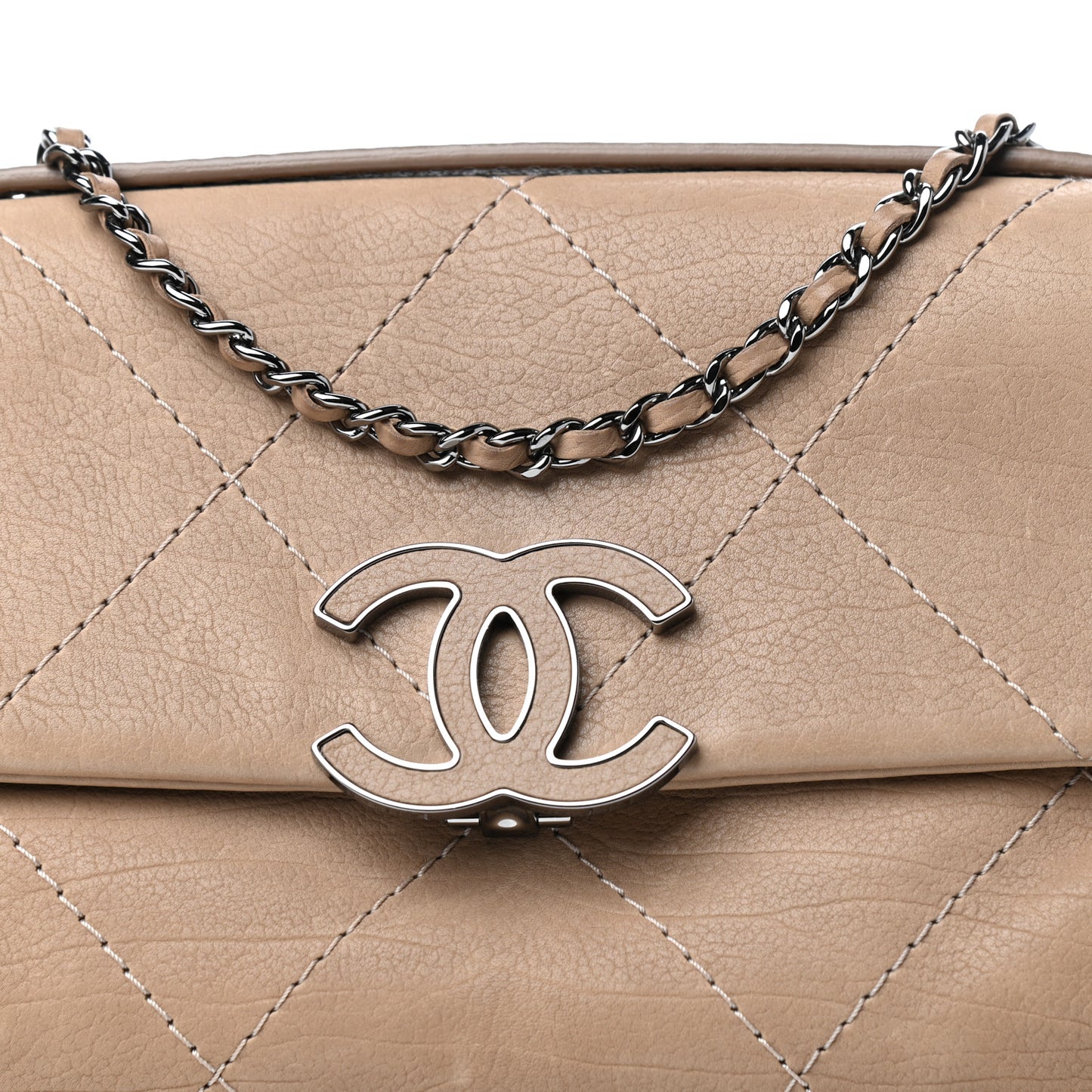 Washed Calfskin Diamond Stitch Hamptons Clutch With Chain Dark Beige