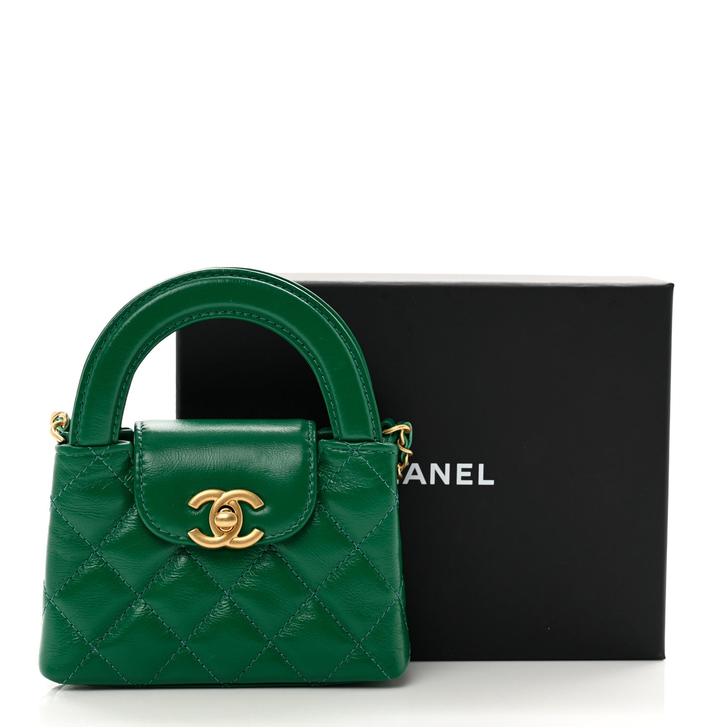 Shiny Aged Calfskin Quilted Mini Nano Kelly Shopper Green