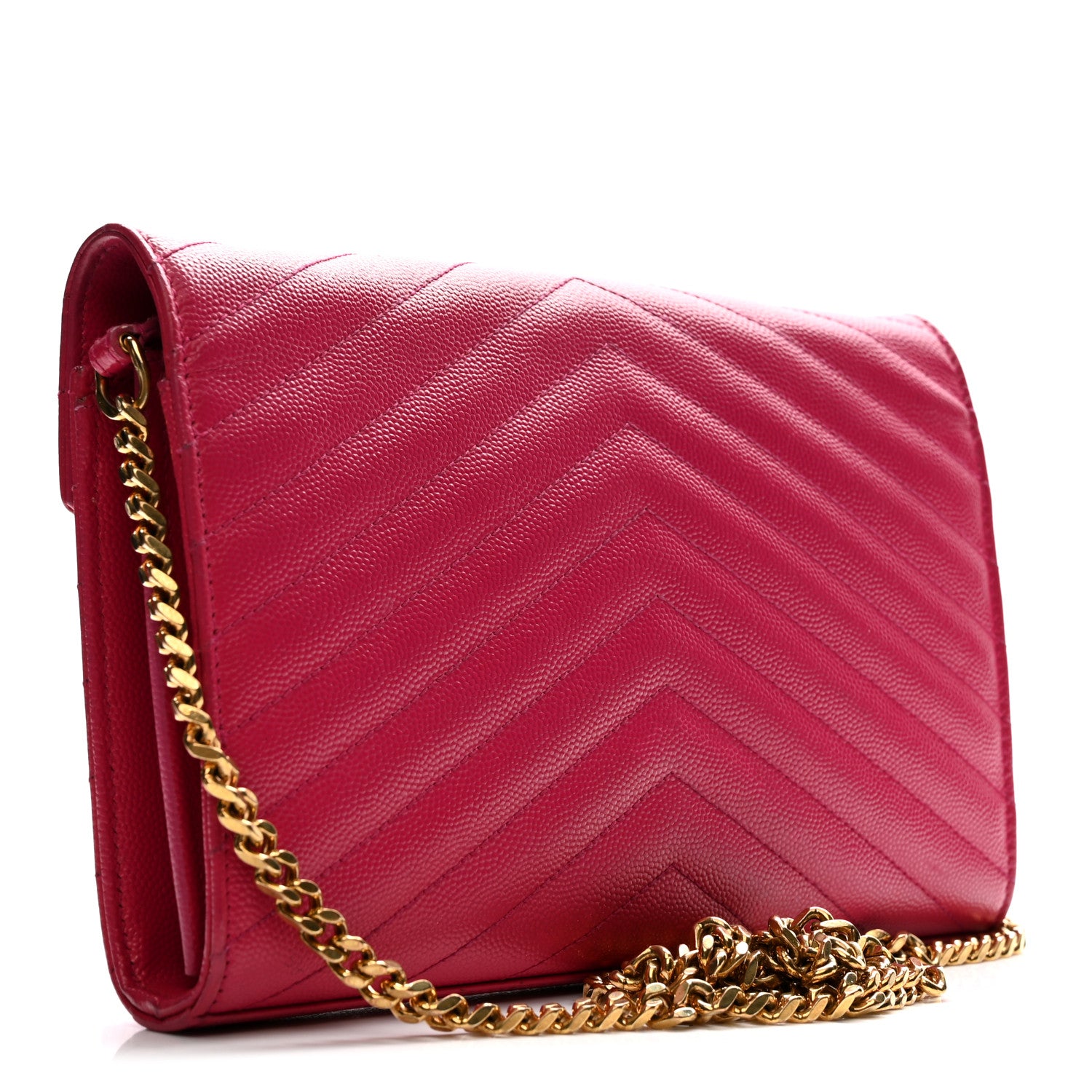 Saint Laurent Grain De Poudre Matelasse Chevron Monogram Chain Wallet Lipstick Fuchsia 3 of 15