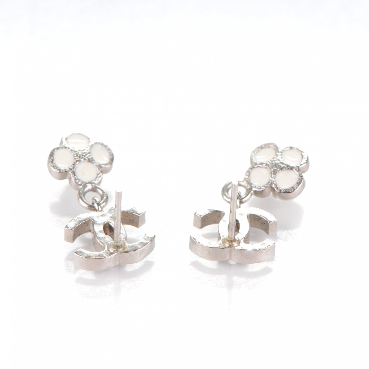 Chanel Enamel CC Camellia Drop Earrings Silver 3 of 4