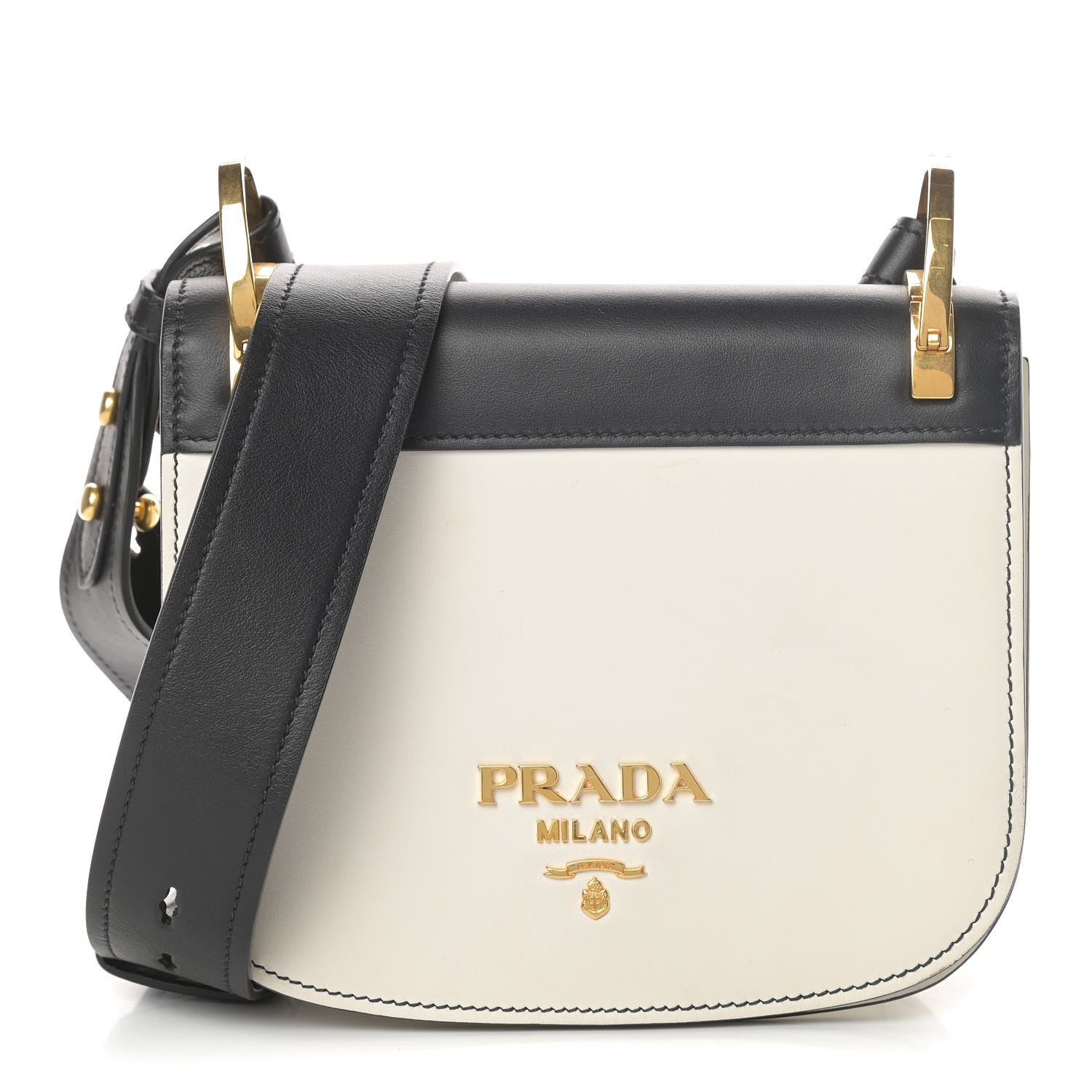 Prada City Calf Pionniere Saddle Bag Black White 1 of 9