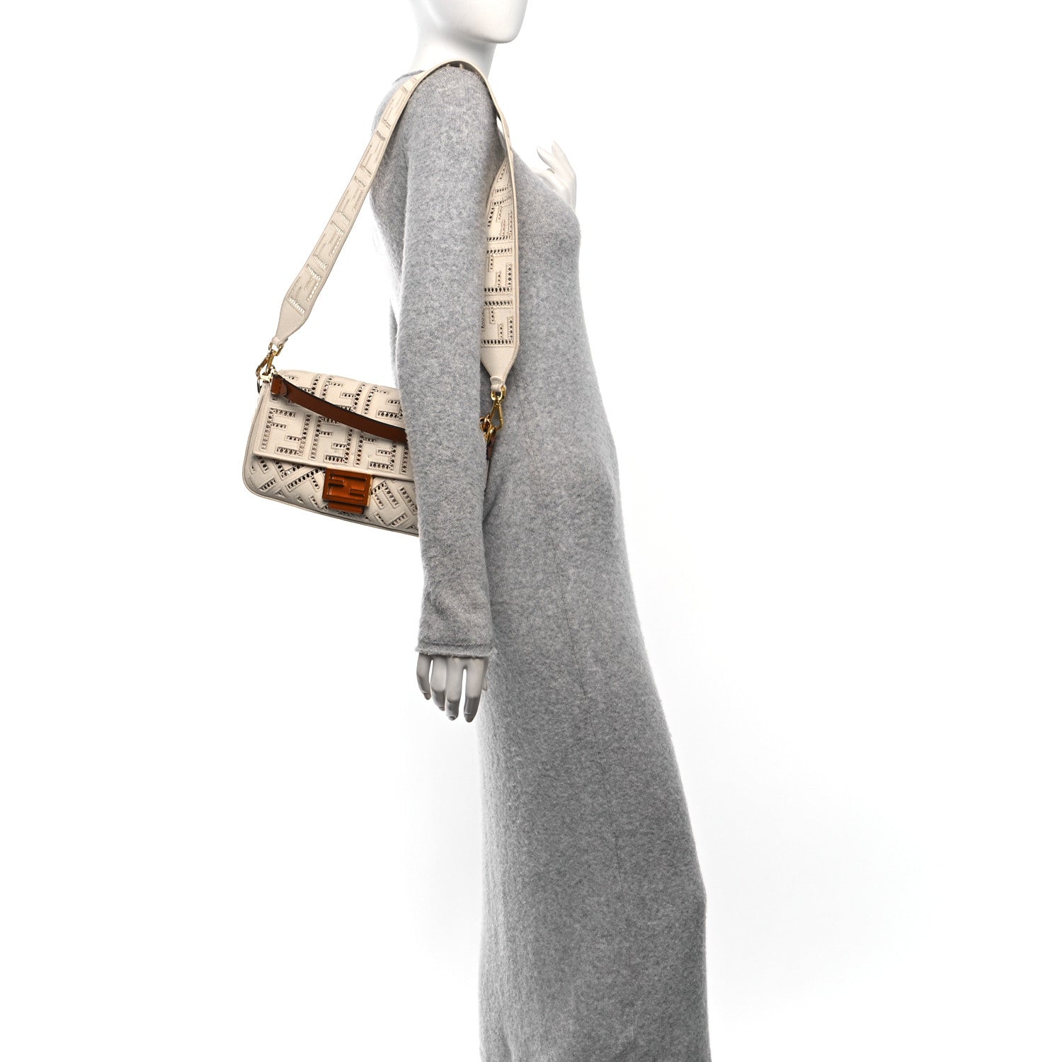 Fendi Canvas Cuoio Agata FF Ajour Embroidered Baguette Grezzo Cuoio 2 of 10