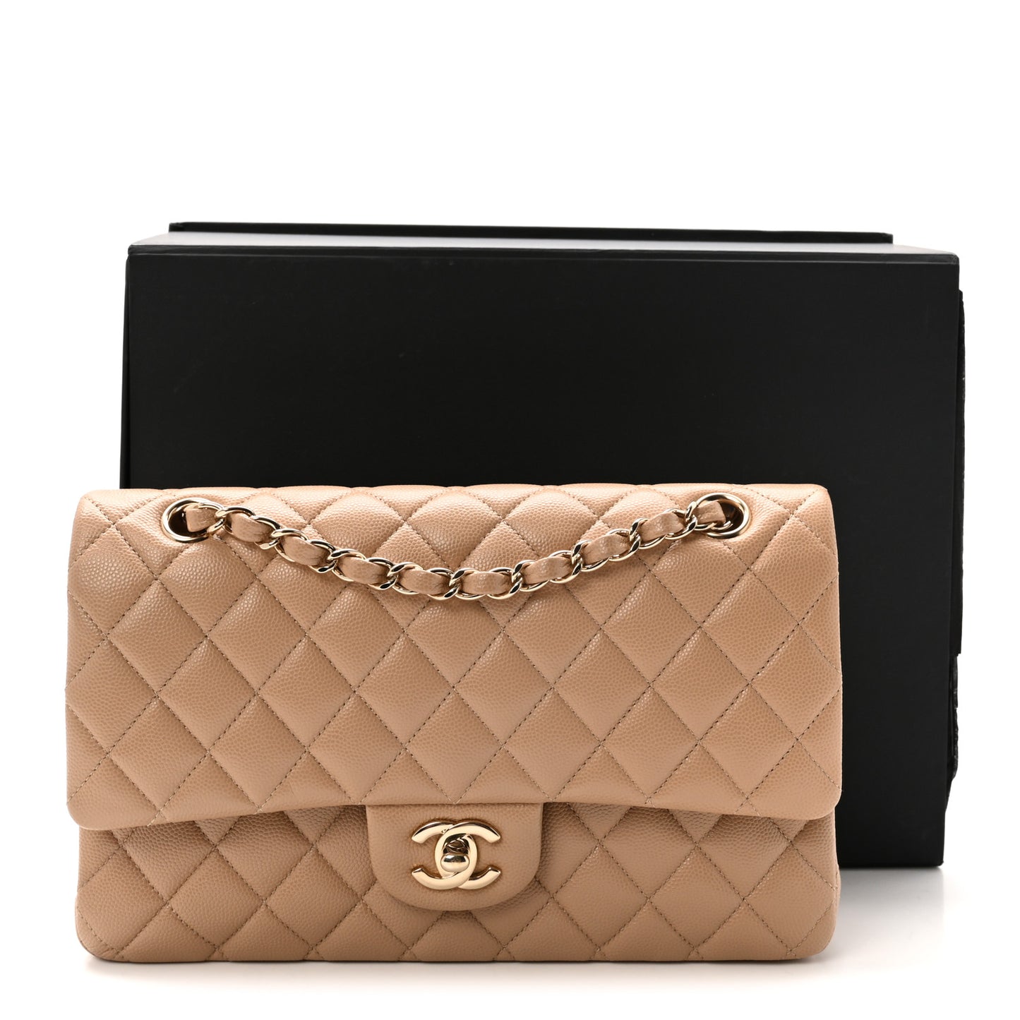 Caviar Quilted Medium Double Flap Dark Beige