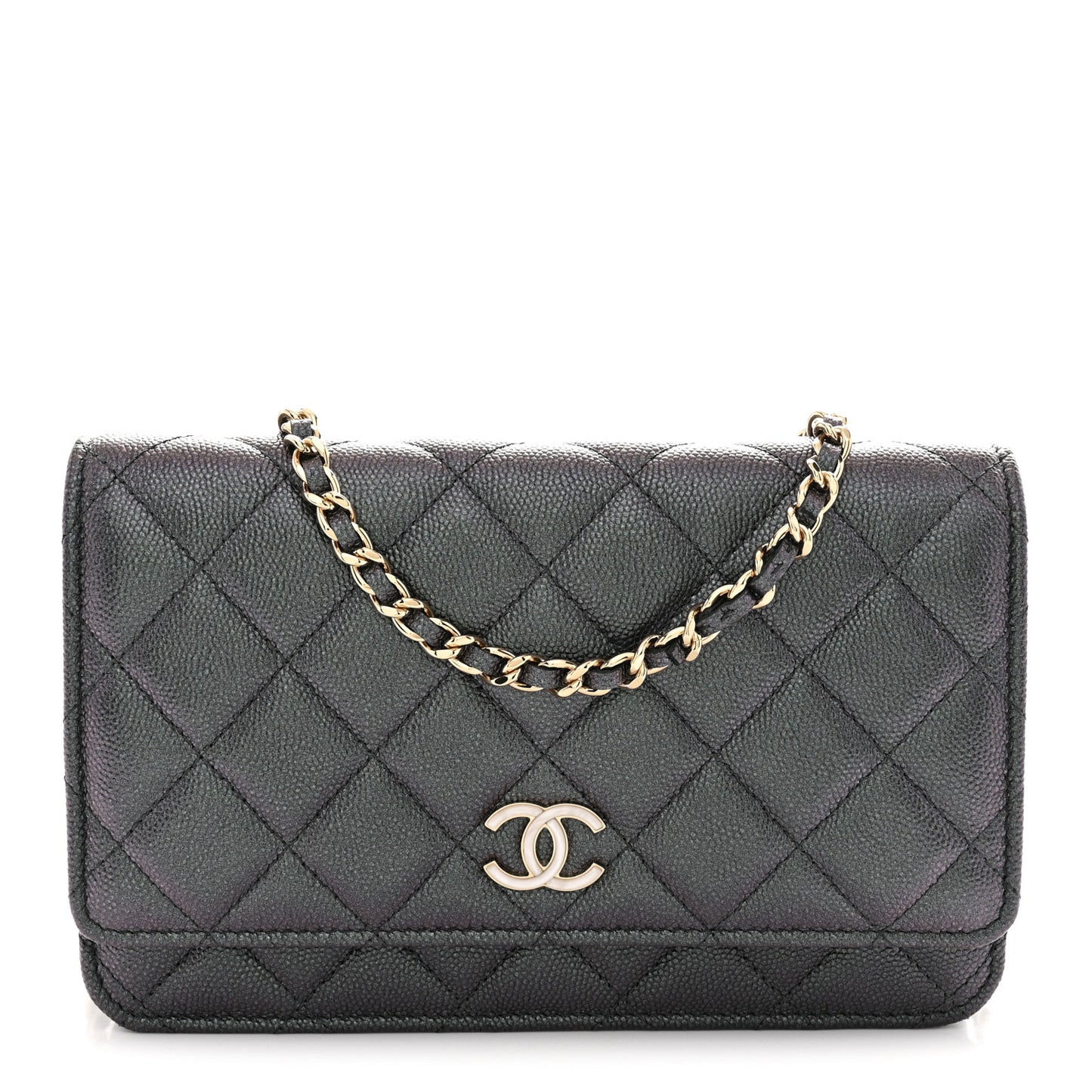 Iridescent Caviar Quilted Wallet on Chain WOC Dark Blue