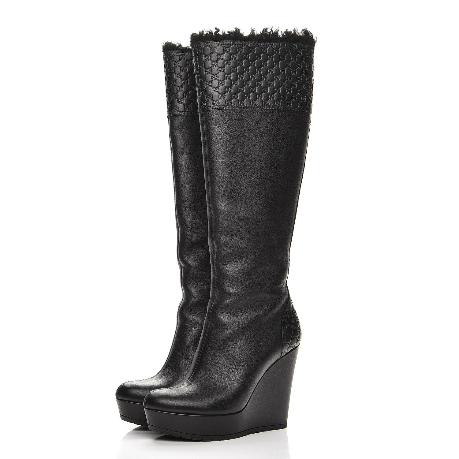 Gucci Microguccissima Shearling High Wedge Boots 36.5 Black 3 of 14