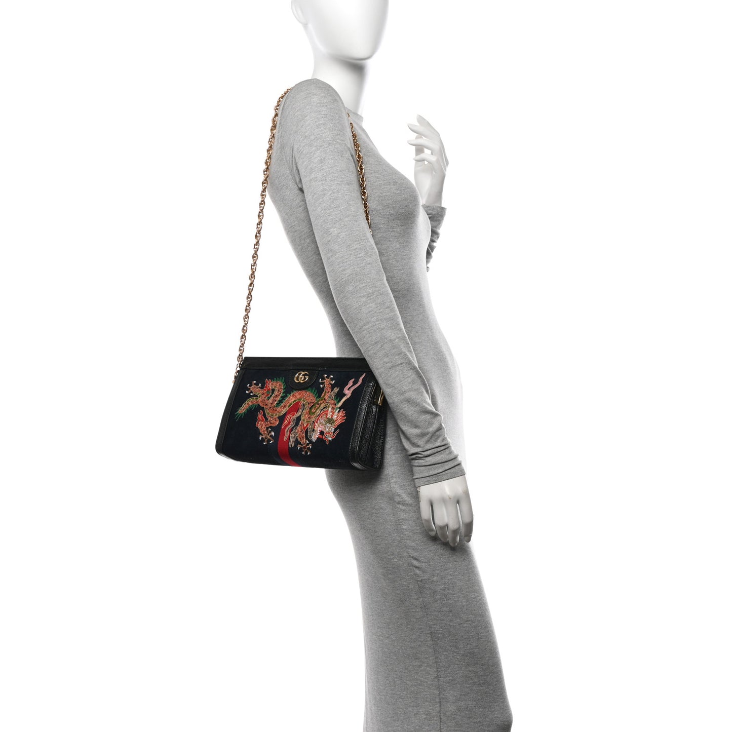 Suede Patent Web Dragon Embroidered Small Ophidia Chain Shoulder Bag Blue Black