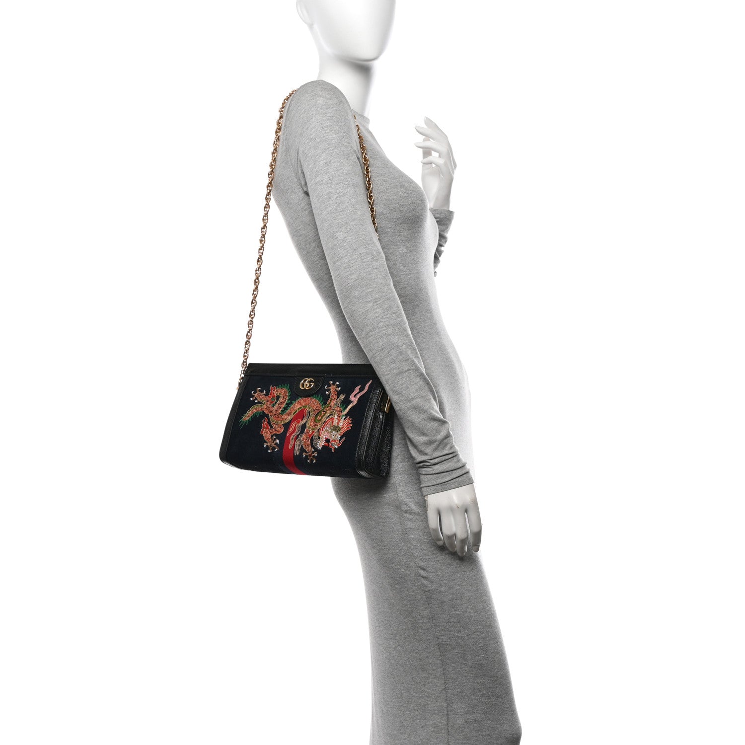 Gucci Suede Patent Web Dragon Embroidered Small Ophidia Chain Shoulder Bag Blue Black 2 of 11