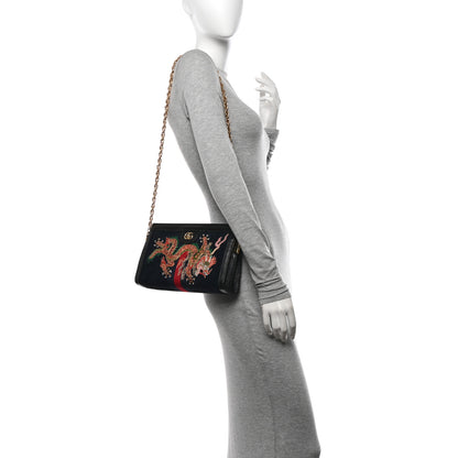 Gucci Suede Patent Web Dragon Embroidered Small Ophidia Chain Shoulder Bag Blue Black 2 of 11
