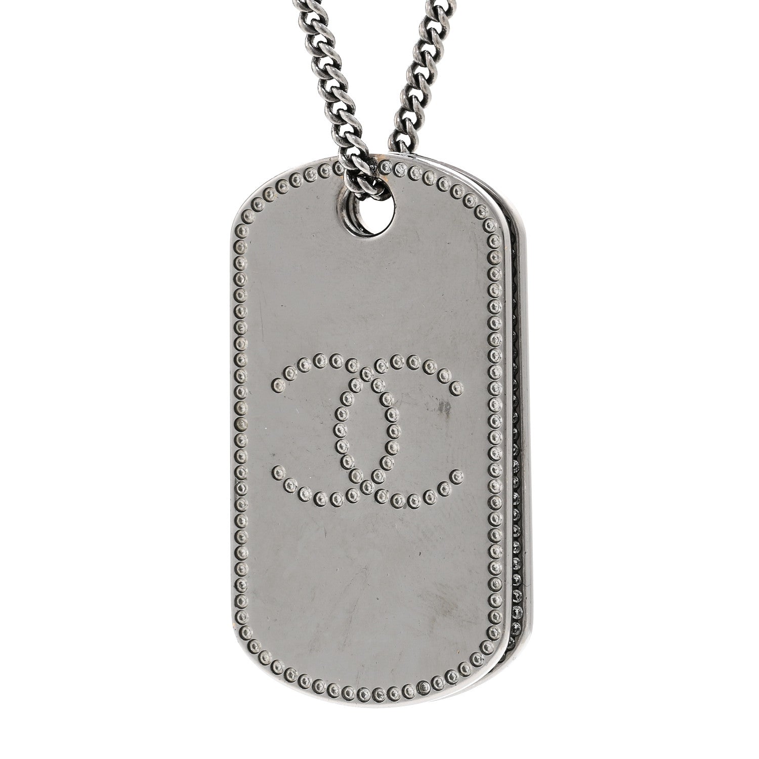 Chanel Metal Crystal Ruthenium Dog Tag Charm Necklace Black 4 of 6