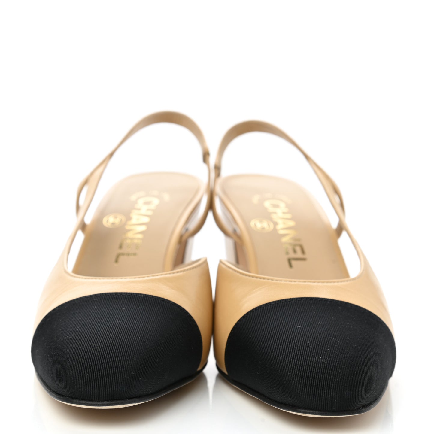 Goatskin Grosgrain Cap Toe CC Slingback Pumps 35 Beige Black