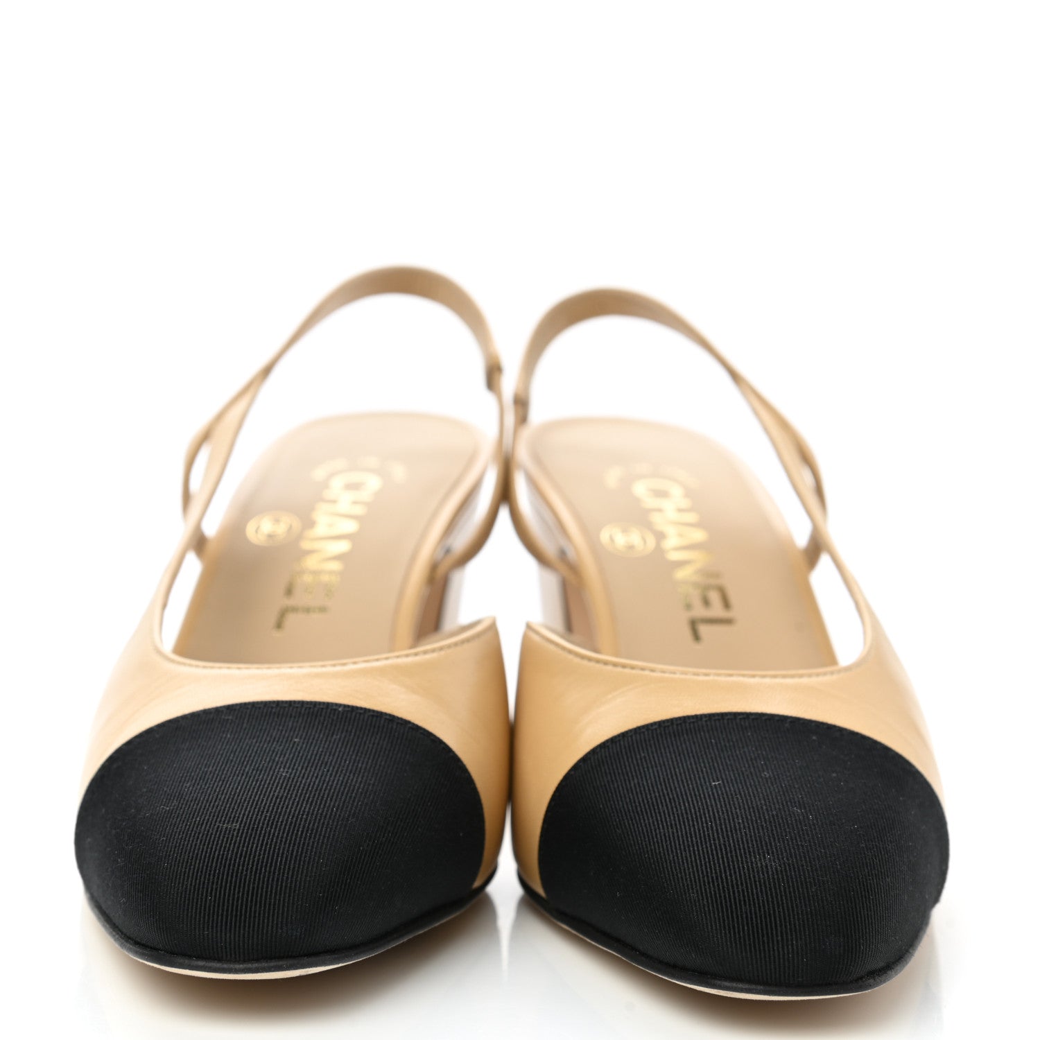 Chanel Goatskin Grosgrain Cap Toe CC Slingback Pumps 35 Beige Black 2 of 9