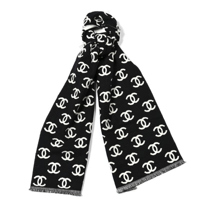Chanel Wool Cashmere CC Scarf Black White 1 of 3