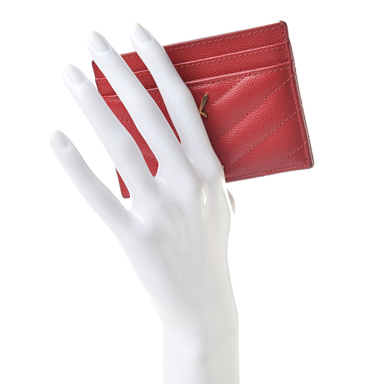 Saint Laurent Grain De Poudre Matelasse Chevron Monogram Credit Card Case New Red 2 of 12