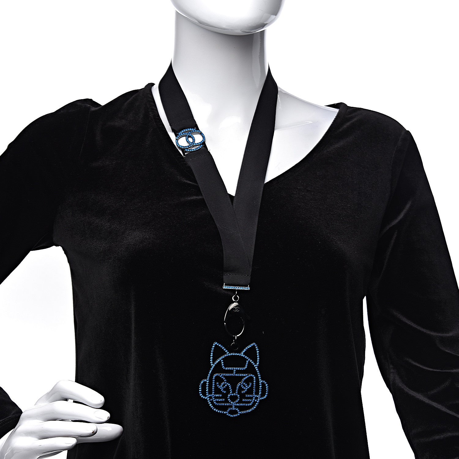 Chanel Crystal CC Emoji Robot Cat Lanyard Necklace Black Blue
