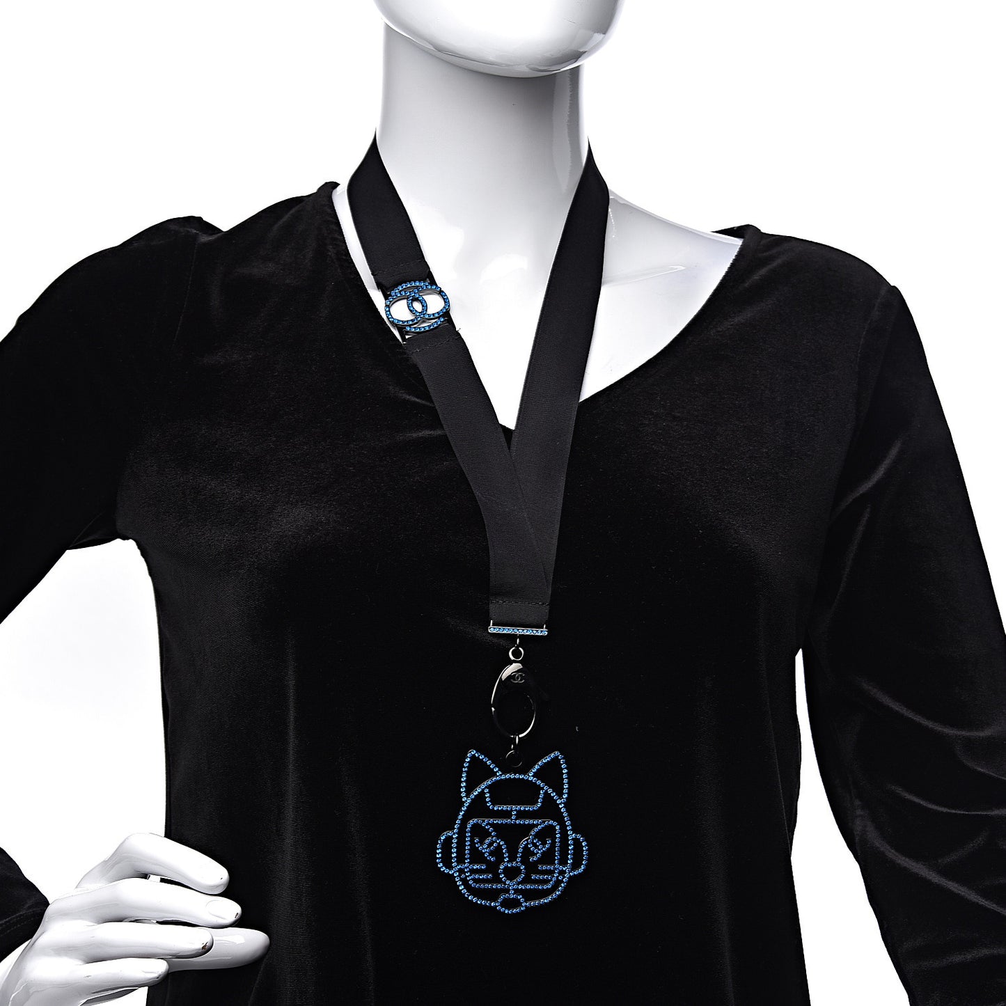 Crystal CC Emoji Robot Cat Lanyard Necklace Black Blue