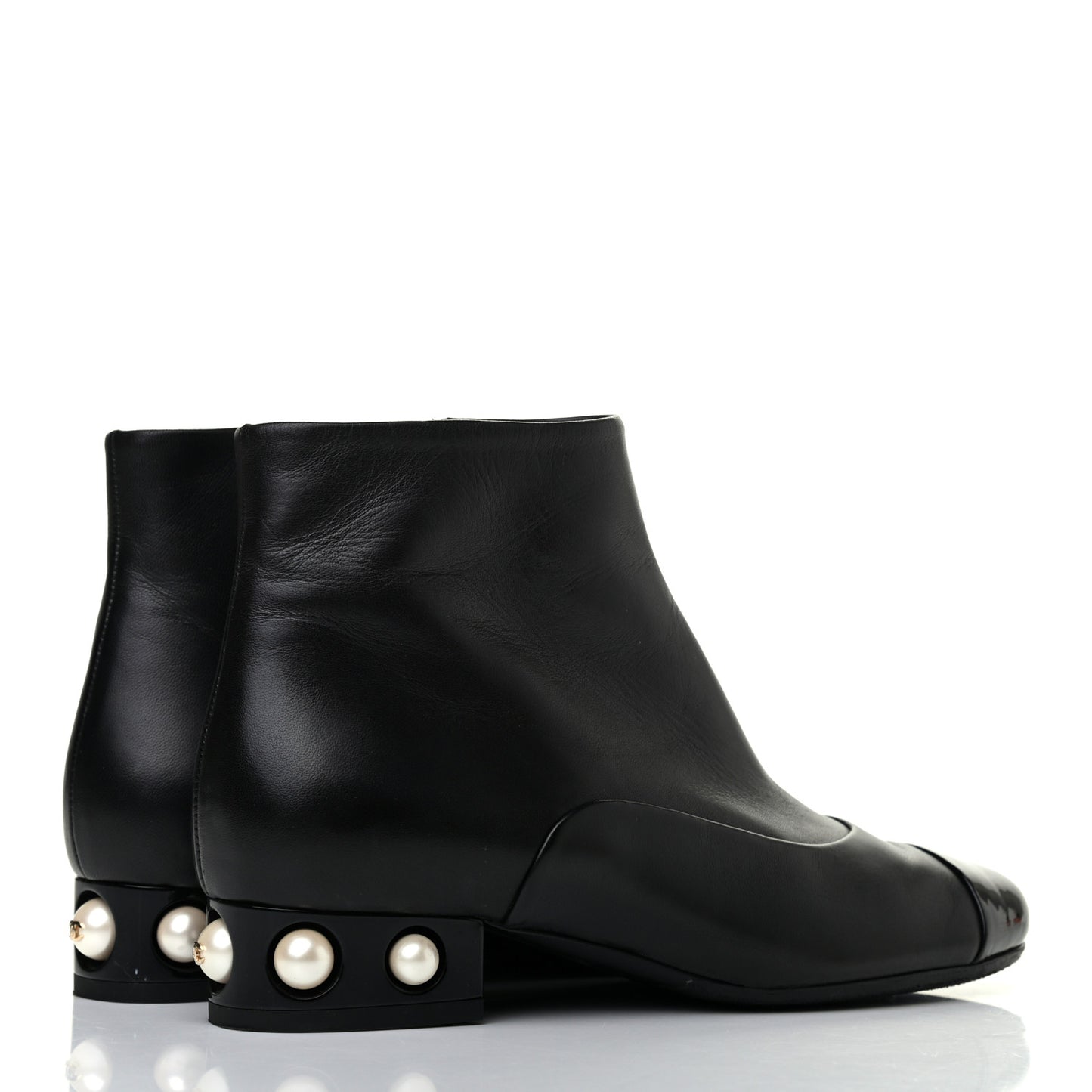 Lambskin Patent Pearl Cap Toe Short Boots 36 Black