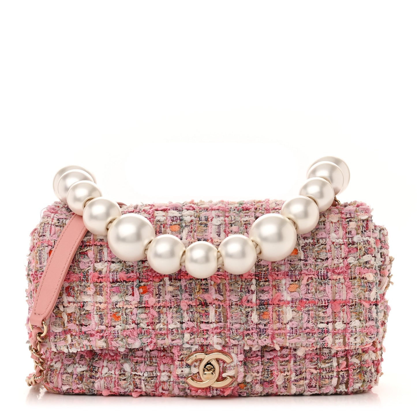 Tweed Medium Pearl Handle Flap Pink Beige Orange Ecru