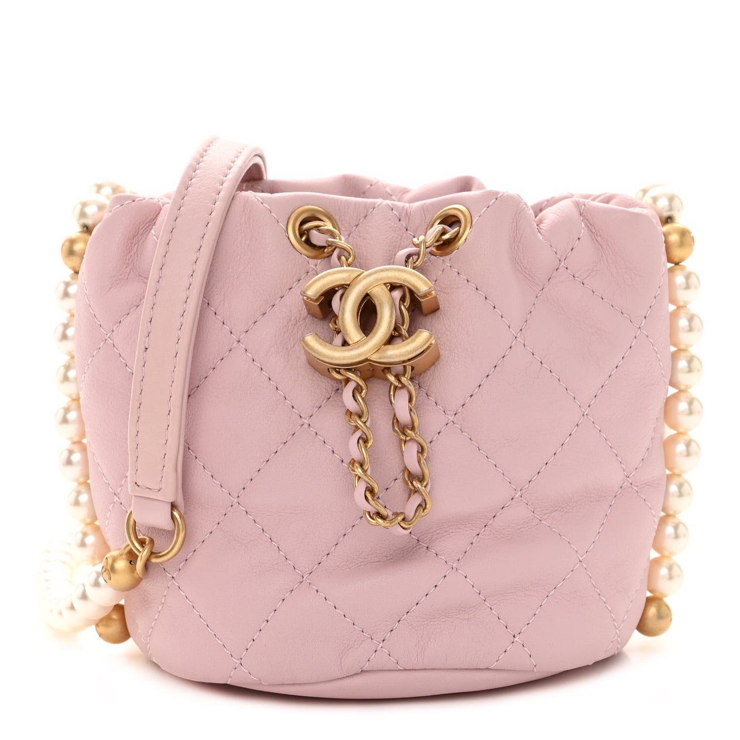 Calfskin Quilted Pearl Mini About Pearls Drawstring Bucket Light Pink