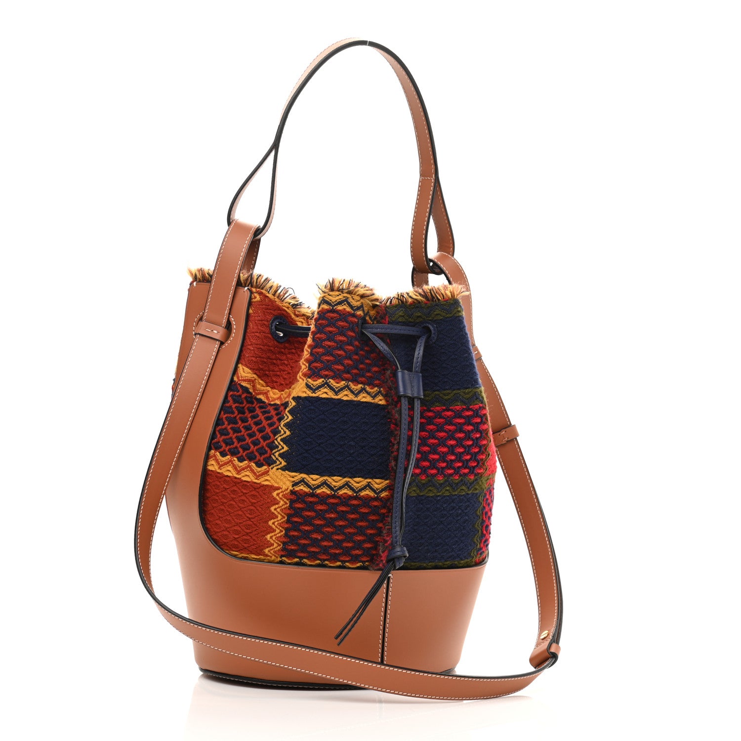 Loewe Wool Calfskin Medium Balloon Bucket Bag Burgundy Tan Tartan 3 of 9