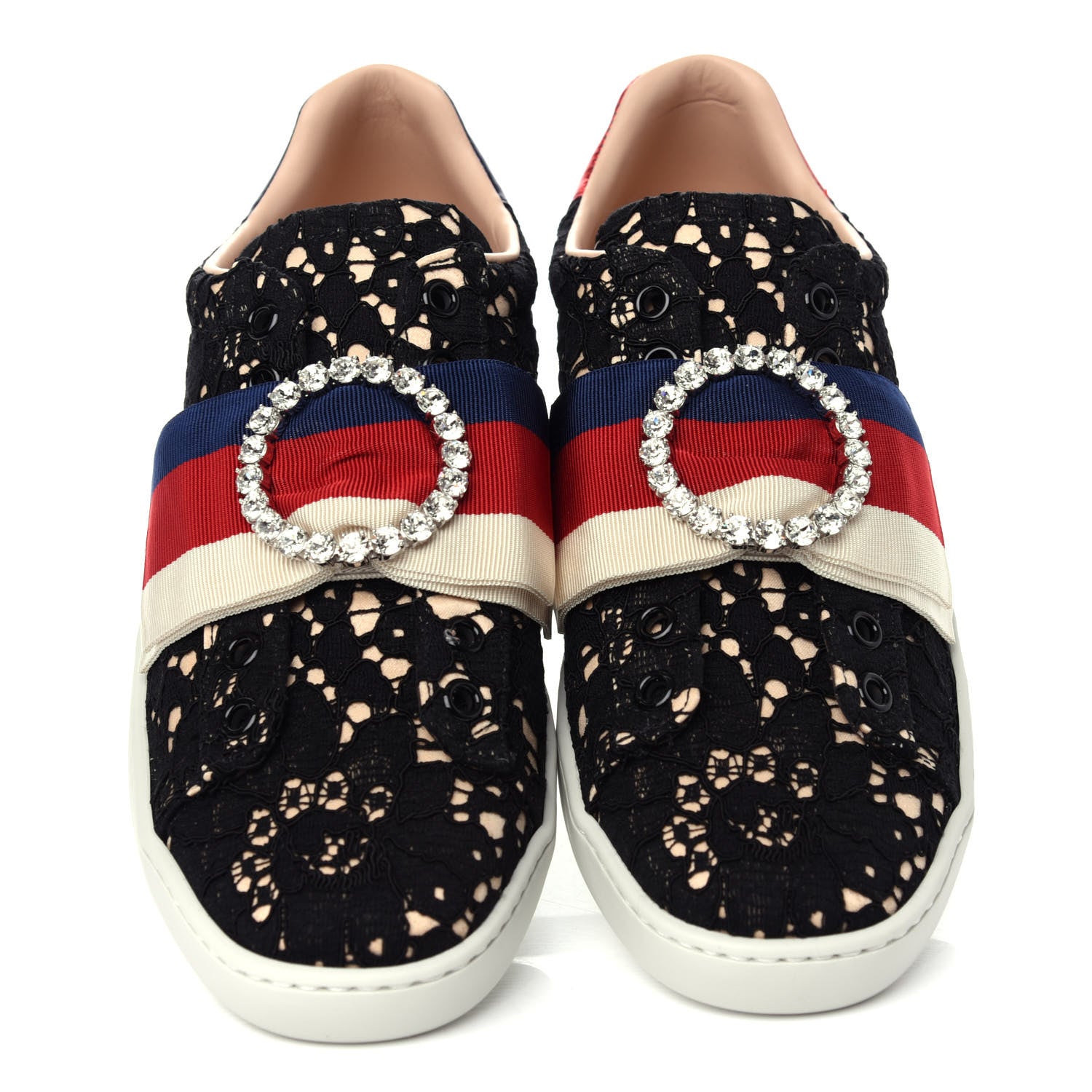 Gucci Lace Crystal Sylvie Web Flower Leaf Womens Ace Sneakers 36 Black Tan Beige 5 of 12