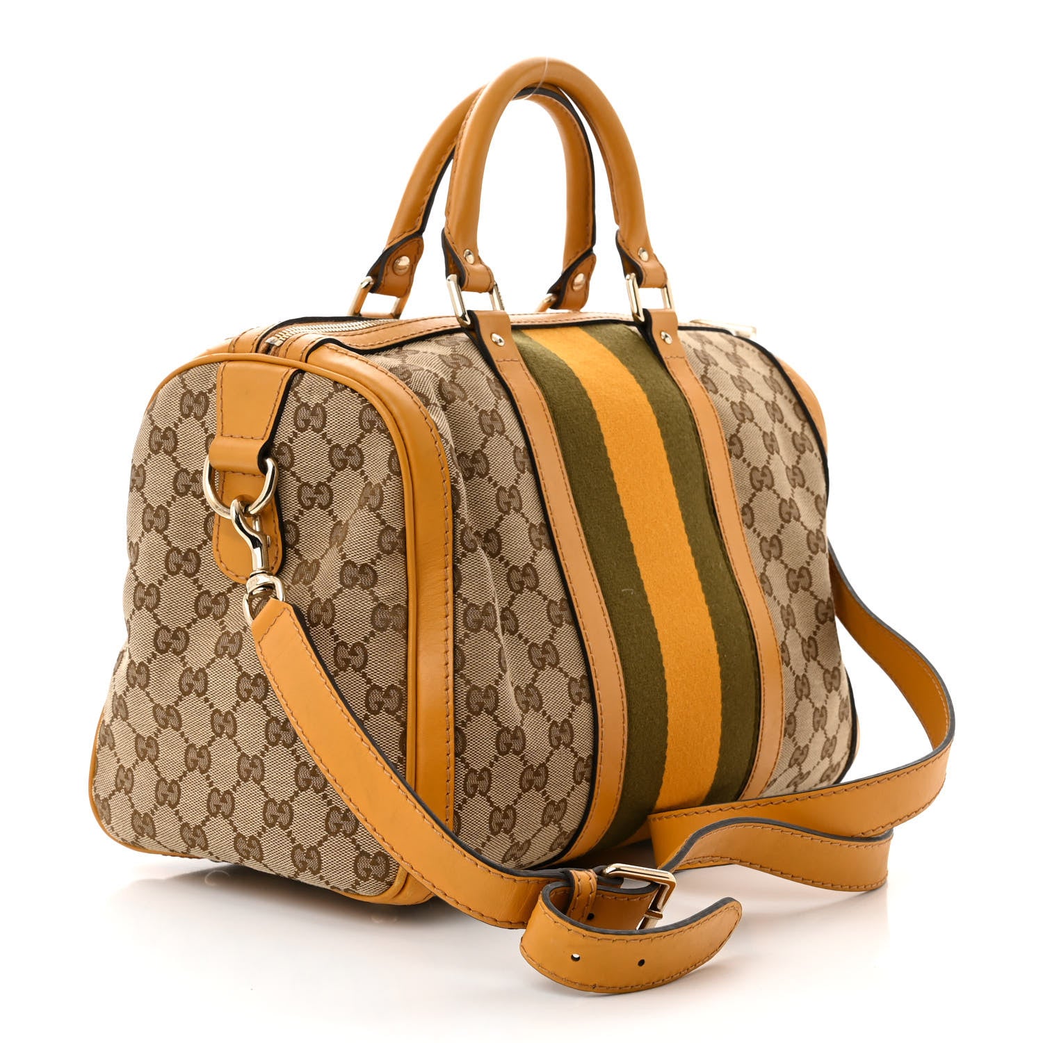 Gucci Monogram Selleria Calfskin Vintage Web Medium Boston Beige Ebony Yellow 3 of 14