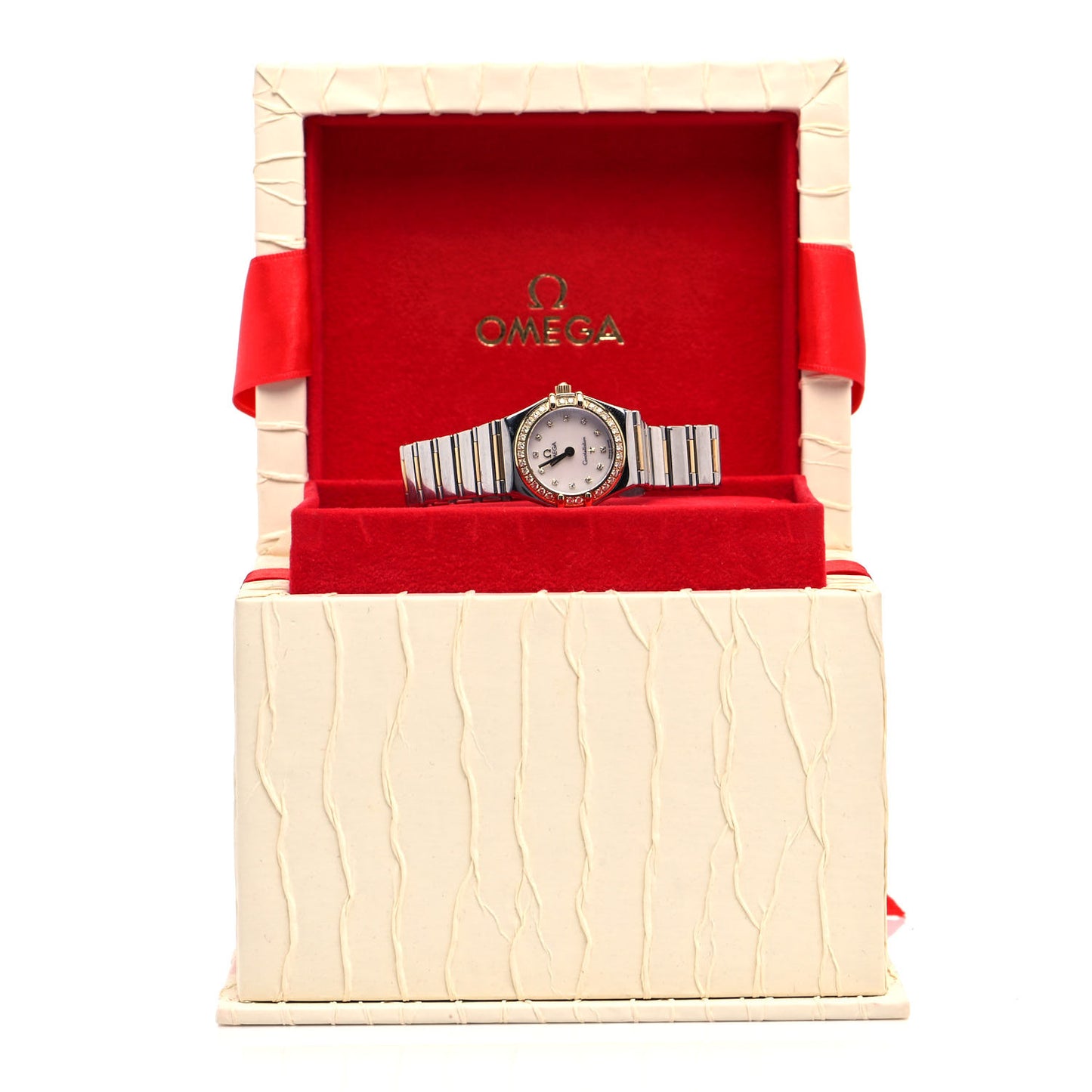 Stainless Steel 18K Yellow Gold Diamond Bezel Mother of Pearl 23mm Constellation My Choice Quartz Watch 895.1243