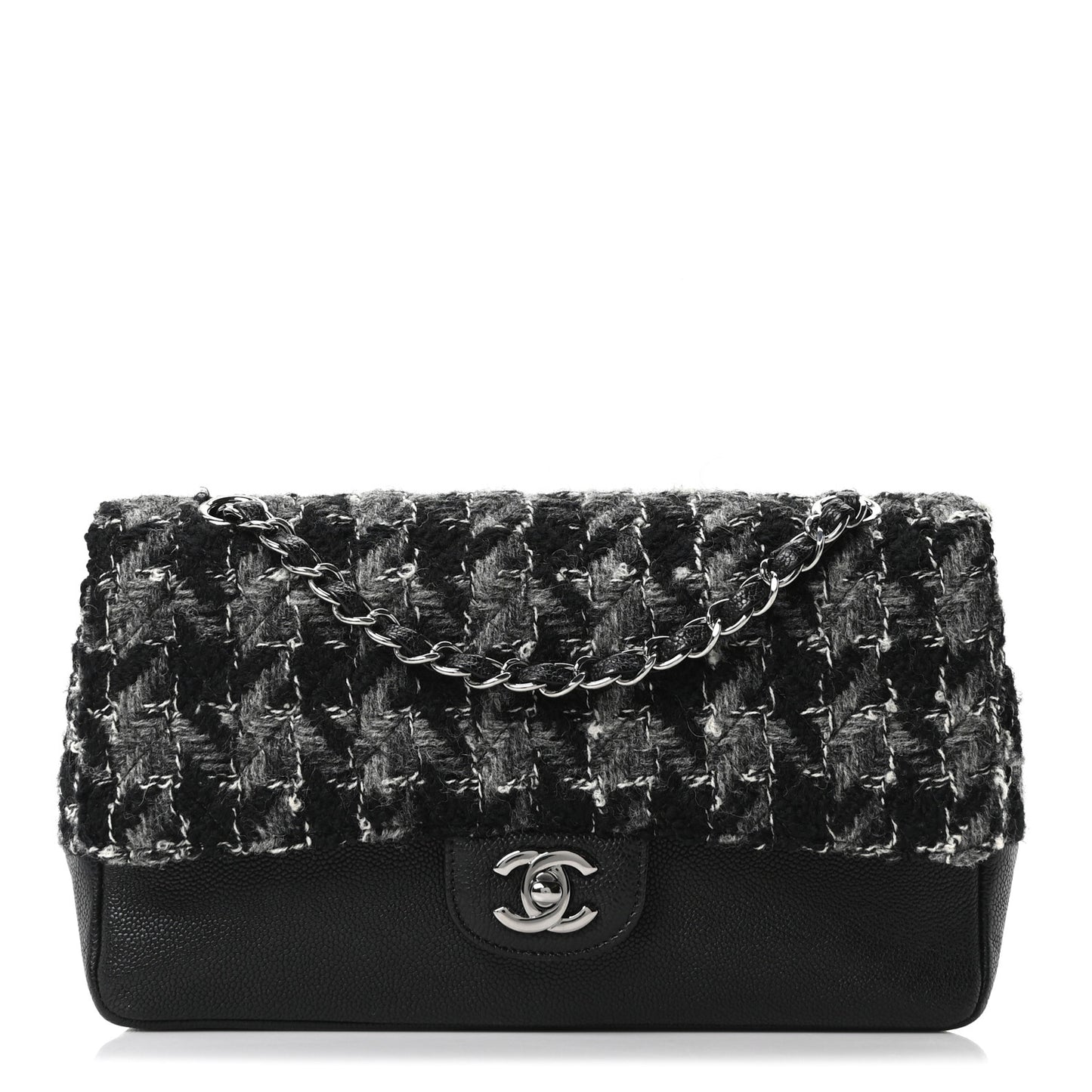 Caviar Tweed Houndstooth Quilted Medium Double Flap Black Grey