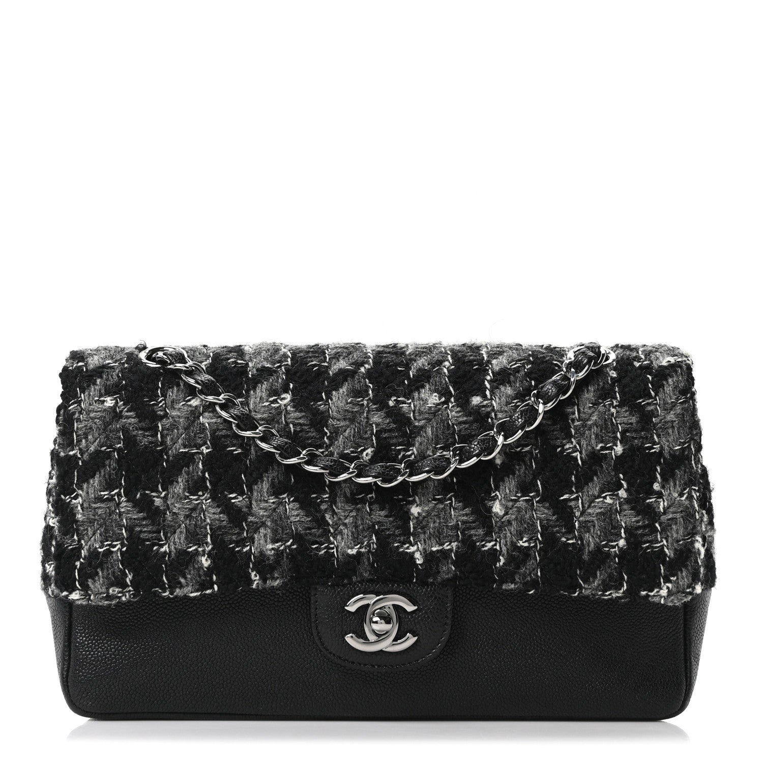 Chanel Caviar Tweed Houndstooth Quilted Medium Double Flap Black Grey 1 of 10