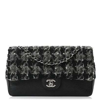 Chanel Caviar Tweed Houndstooth Quilted Medium Double Flap Black Grey 1 of 10