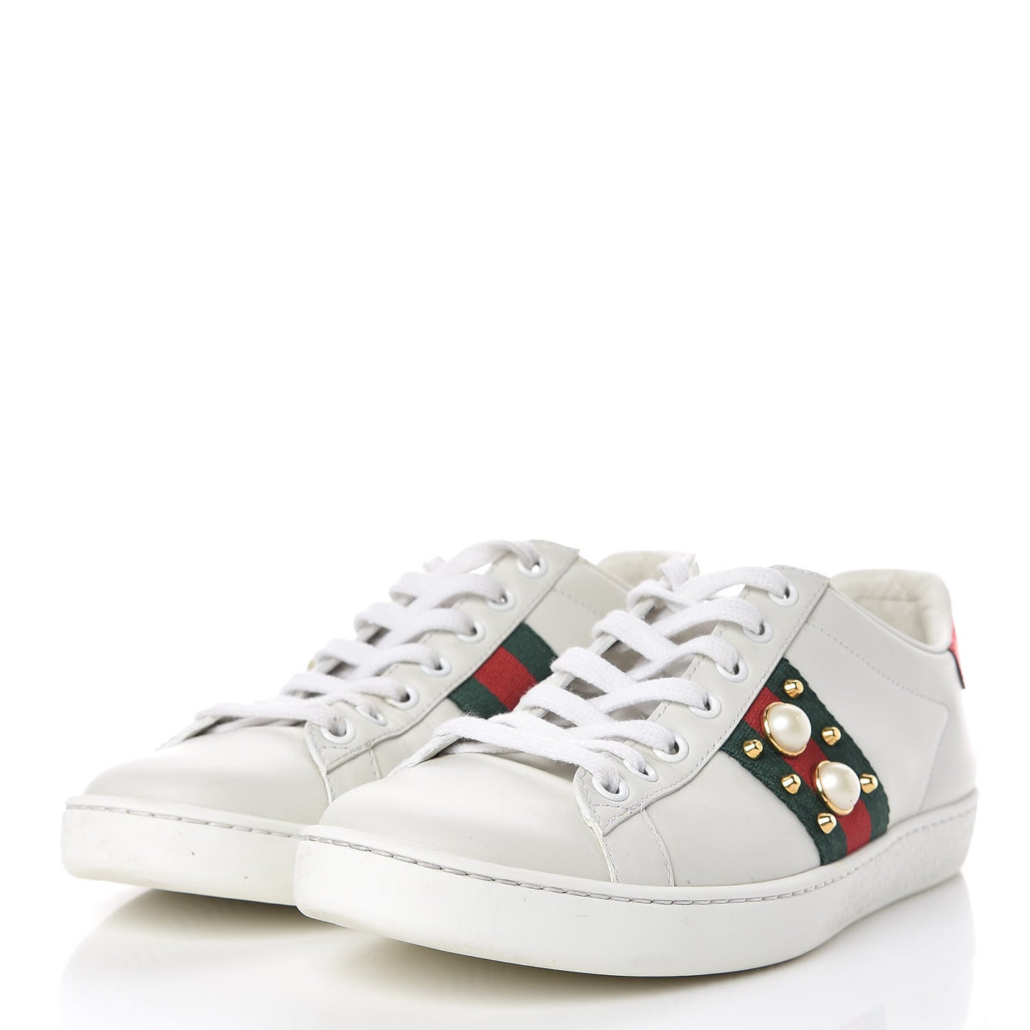 Calfskin Web Pearl Studded Womens Ace Sneakers 36.5 White