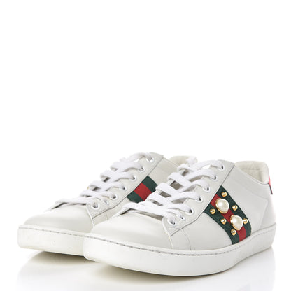 Gucci Calfskin Web Pearl Studded Womens Ace Sneakers 36.5 White 3 of 11