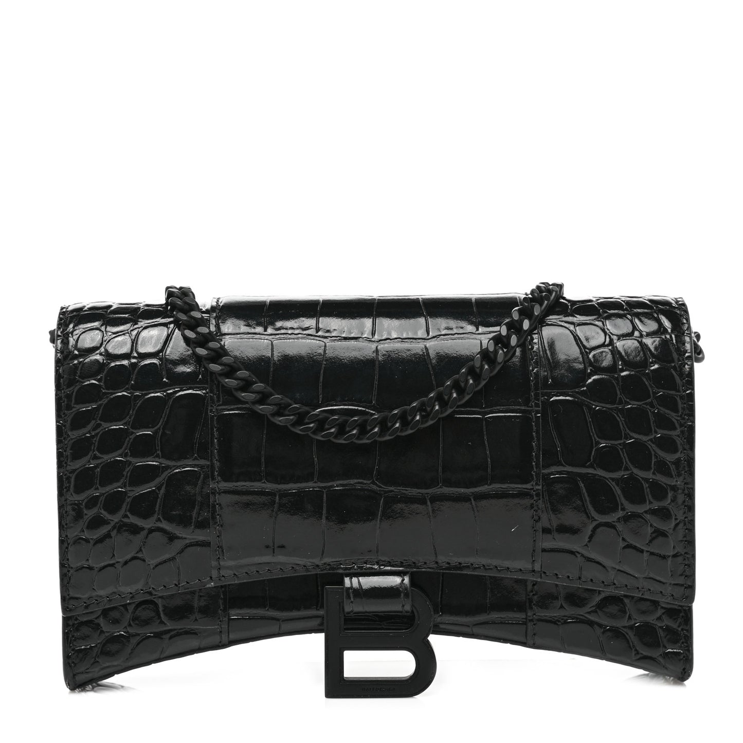 Shiny Calfskin Monochrome Crocodile Embossed Hourglass Chain Bag Black