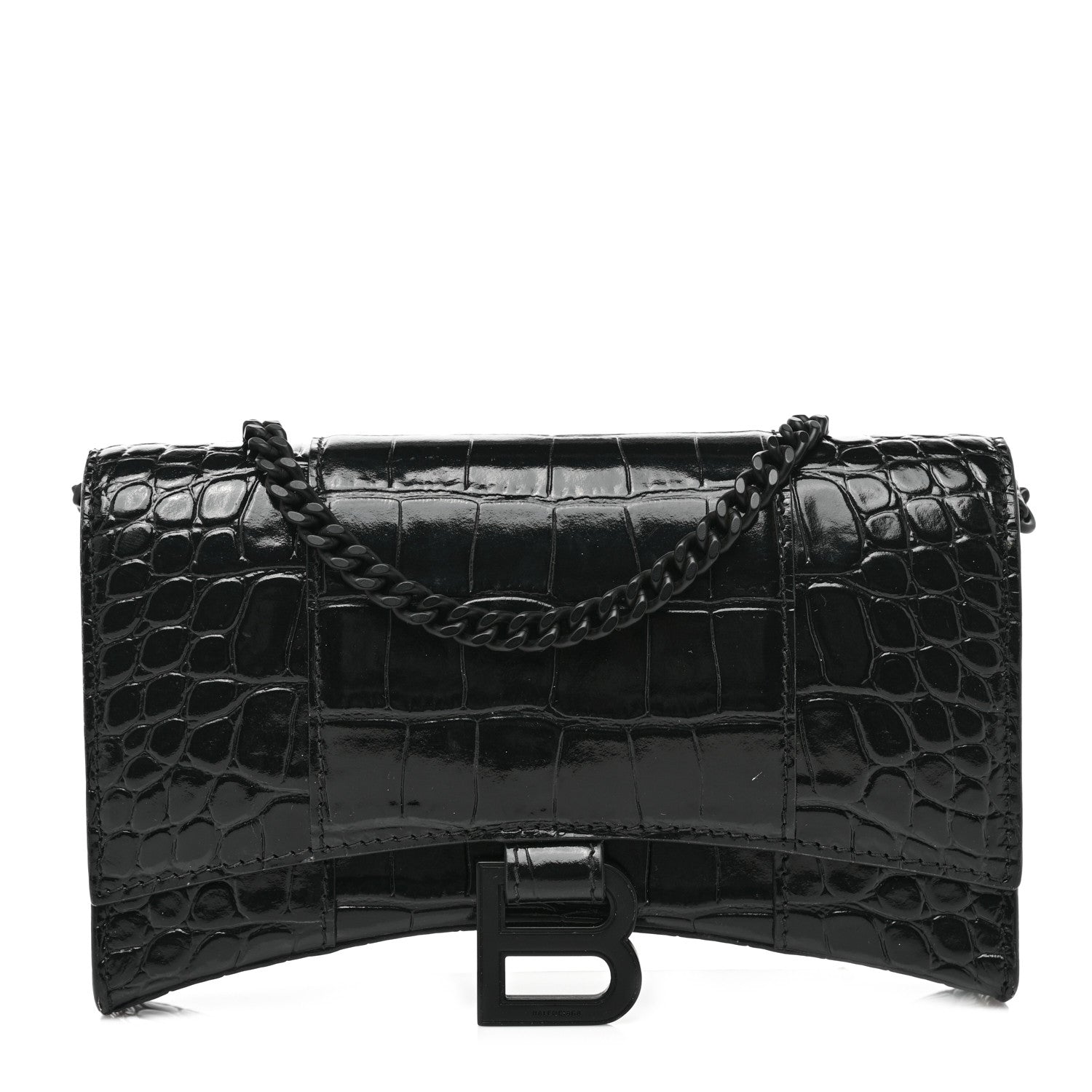 Balenciaga Shiny Calfskin Monochrome Crocodile Embossed Hourglass Chain Bag Black 1 of 10