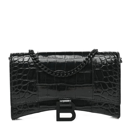 Balenciaga Shiny Calfskin Monochrome Crocodile Embossed Hourglass Chain Bag Black 1 of 10