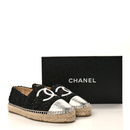 Chanel Metallic Lambskin Tweed CC Espadrilles 37 Black Silver 9 of 9