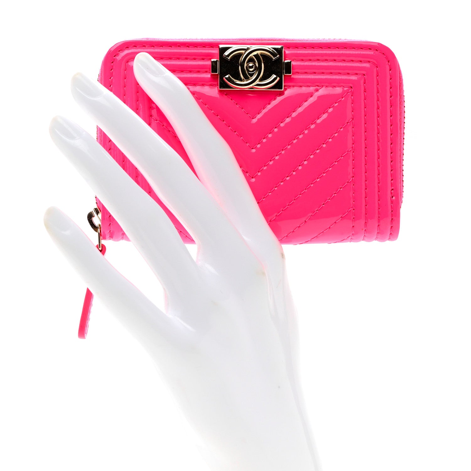 Chanel Patent Chevron Quilted Zip Around Boy Coin Purse Wallet Neon Pink 2 of 7