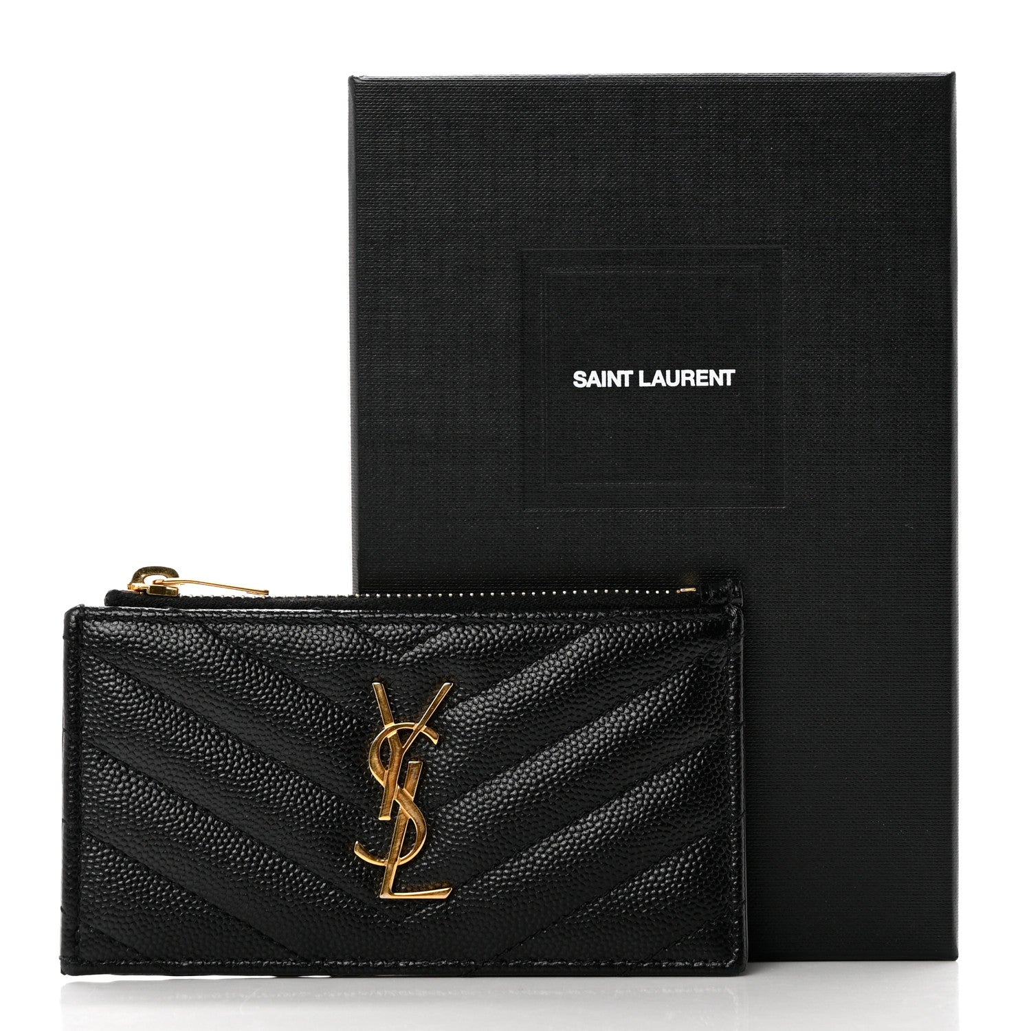 Saint Laurent Grain De Poudre Matelasse Chevron Monogram Fragments Zippered Card Case Black 7 of 7