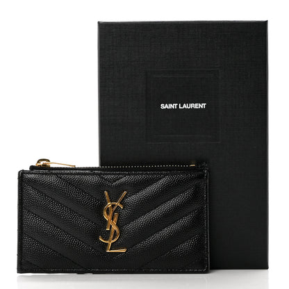 Saint Laurent Grain De Poudre Matelasse Chevron Monogram Fragments Zippered Card Case Black 7 of 7