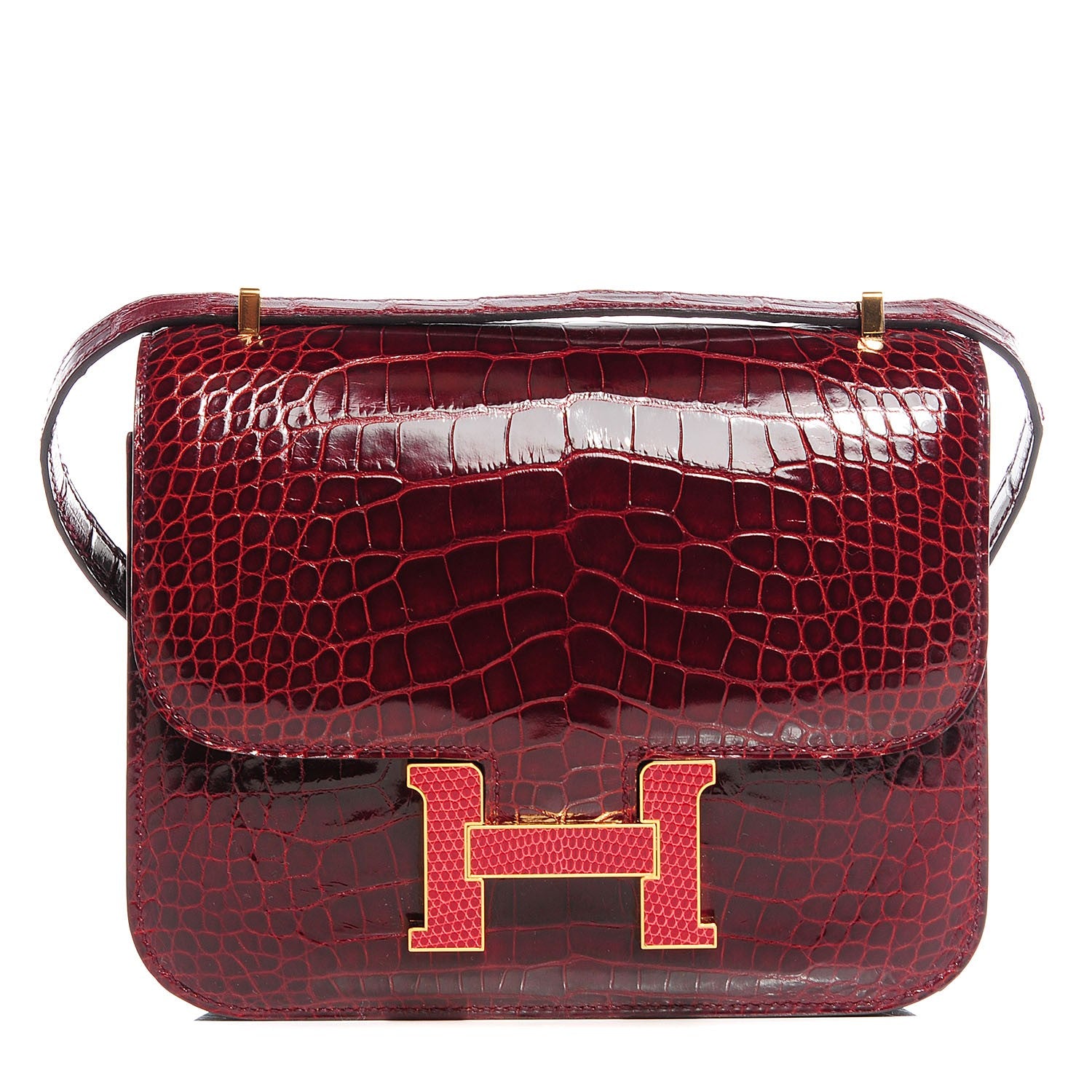 Hermes Shiny Alligator Lizard Marquette Constance 18 Bourgogne Rouge Moyen 1 of 9