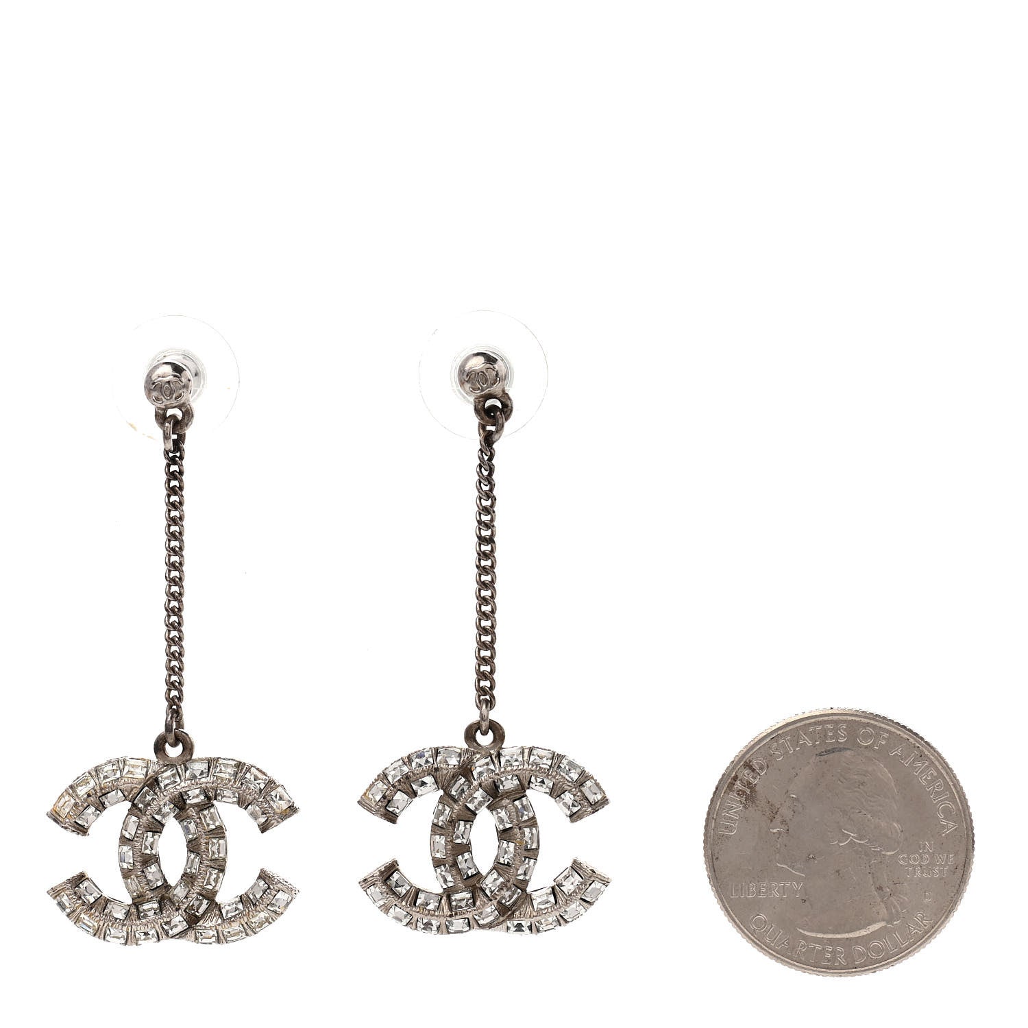 Chanel Baguette Crystal CC Drop Earrings Silver 2 of 5