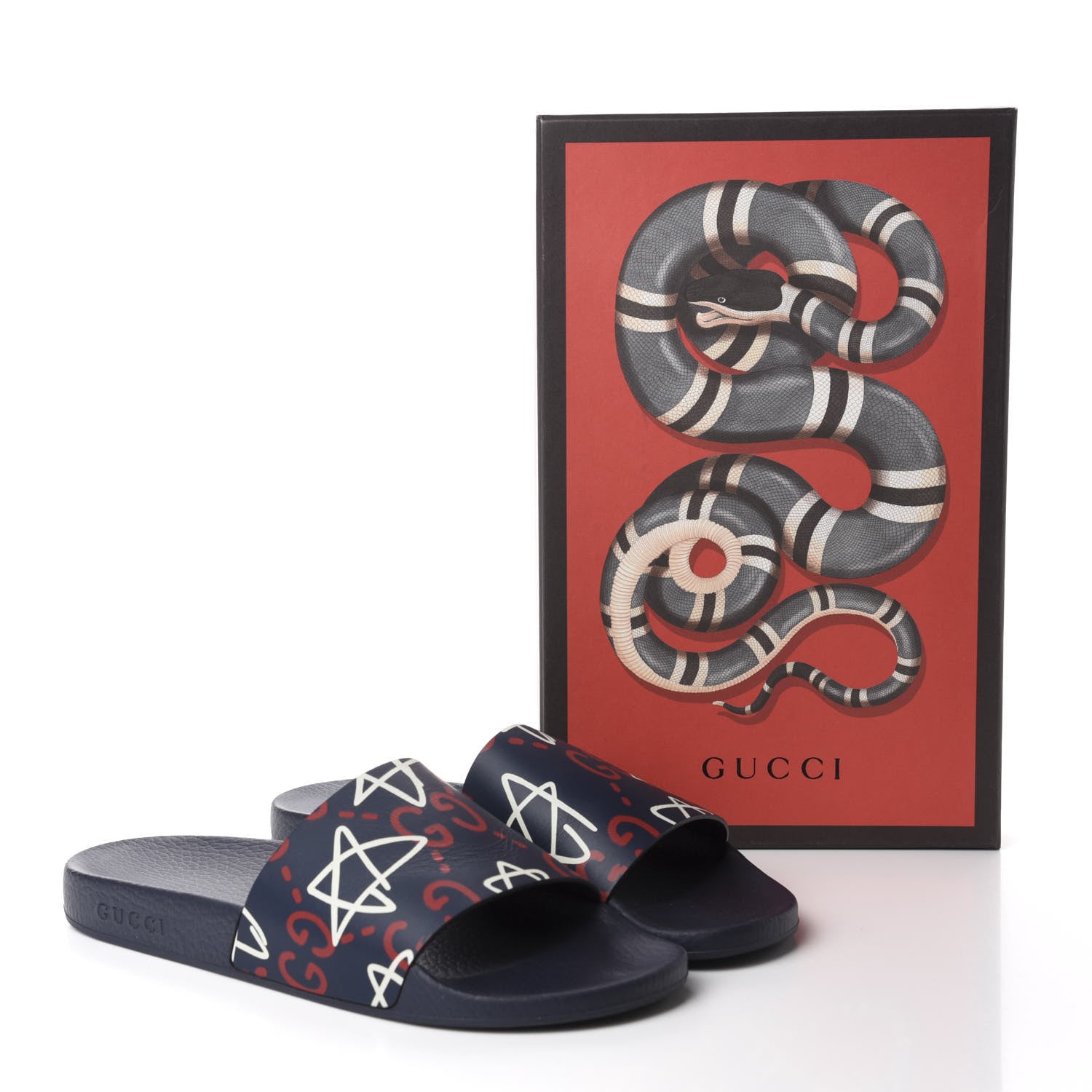 Gucci Calfskin GucciGhost Print Womens Slide Sandals 41 Blue Agata Hibiscus Red 9 of 9