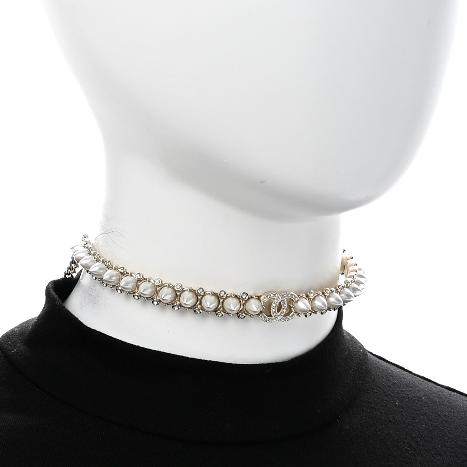 Chanel Strass Crystal Studded Pearl CC Choker Necklace Gold Pearly White 2 of 7