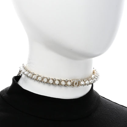 Chanel Strass Crystal Studded Pearl CC Choker Necklace Gold Pearly White 2 of 7
