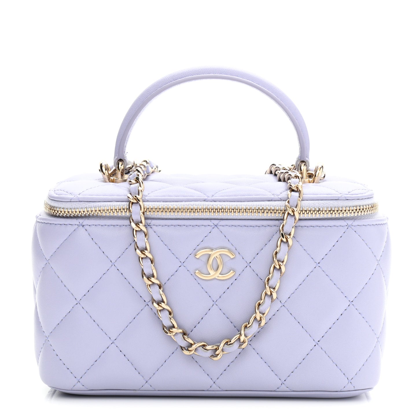 Lambskin Quilted Small Top Handle Vanity Case With Chain Light Purple