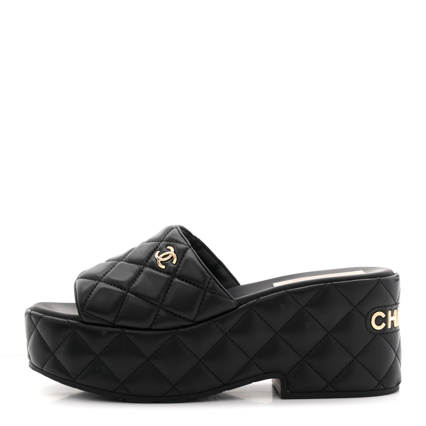 Lambskin Quilted CC Mules Wedge Sandals 40 Black