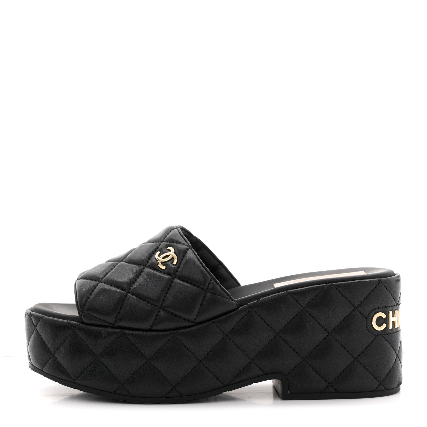 Chanel Lambskin Quilted CC Mules Wedge Sandals 40 Black 1 of 15